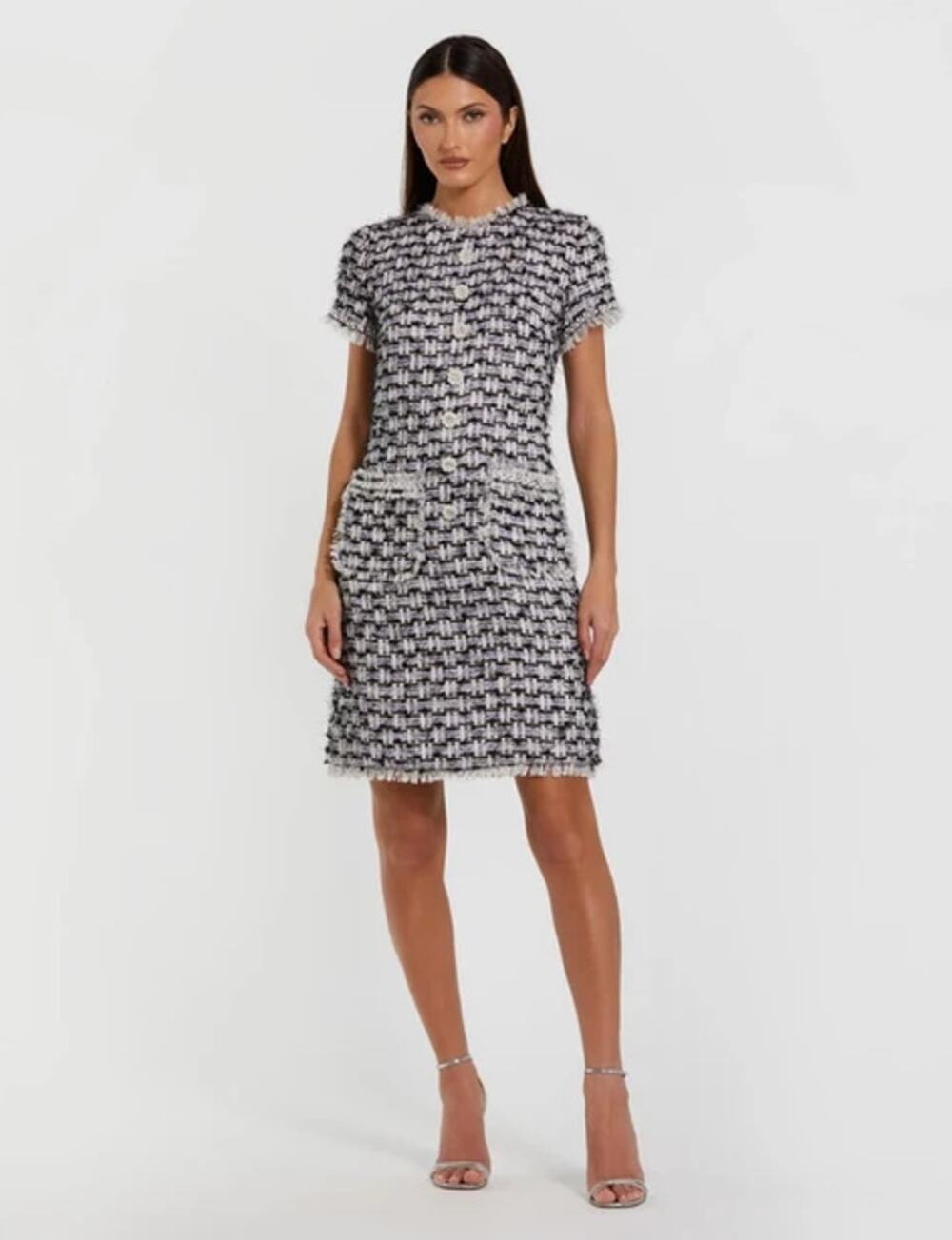 Ieena for Mac Duggal Black Multi Boucle Pearl Floral Button Shift Dress Size: XS